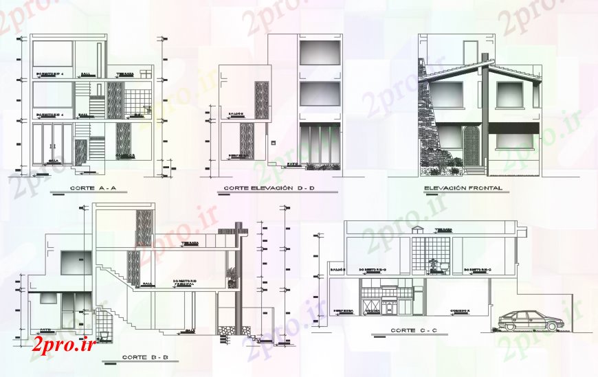 دانلود نقشه مسکونی ، ویلایی ، آپارتمان سه خانه سطح تمام نما و بخش طرفه 8 در 13 متر (کد113735)