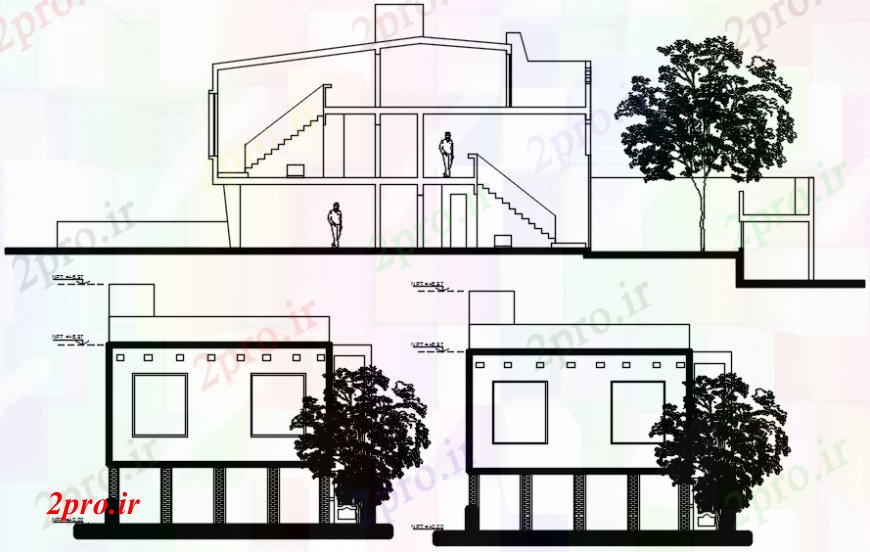 دانلود نقشه مسکونی ، ویلایی ، آپارتمان خانه با نمای درختی از نما 10 در 23 متر (کد113740)