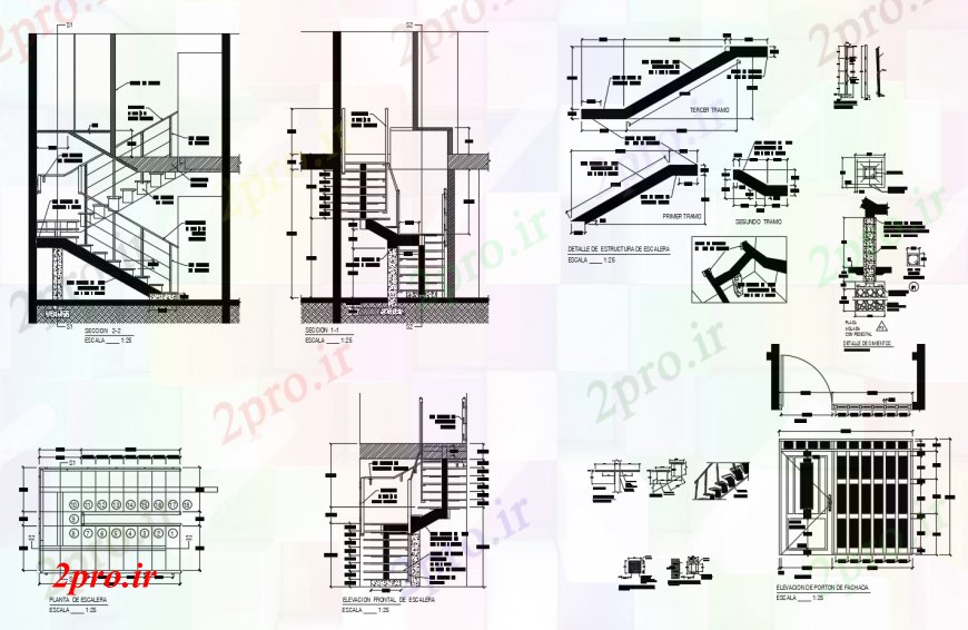دانلود نقشه جزئیات پله و راه پله بخش راه پله، طرحی و ساختار رسم سازنده جزئیات برای دو دان خانه 7 در 9 متر (کد113743)