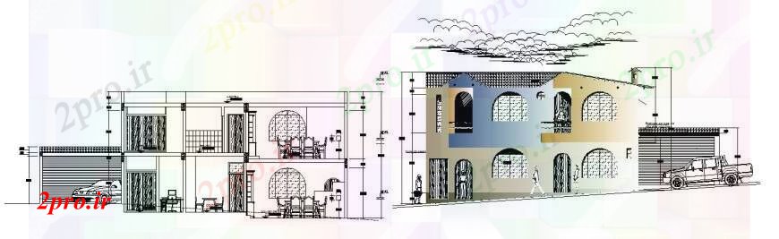 دانلود نقشه مسکونی ، ویلایی ، آپارتمان ویلا مسکونی اصلی نما و بخش 11 در 19 متر (کد113820)