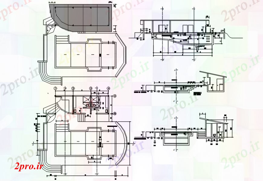 دانلود نقشه ورزشگاه ، سالن ورزش ، باشگاه شنا طرحی و نما 24 در 24 متر (کد113883)