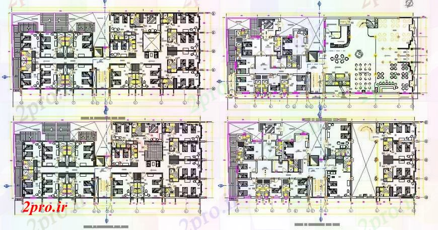 دانلود نقشه هتل - رستوران - اقامتگاه چهار طبقه جزئیات طراحی توزیع پنج ستاره چند سطح هتل ساخت 16 در 38 متر (کد113983)