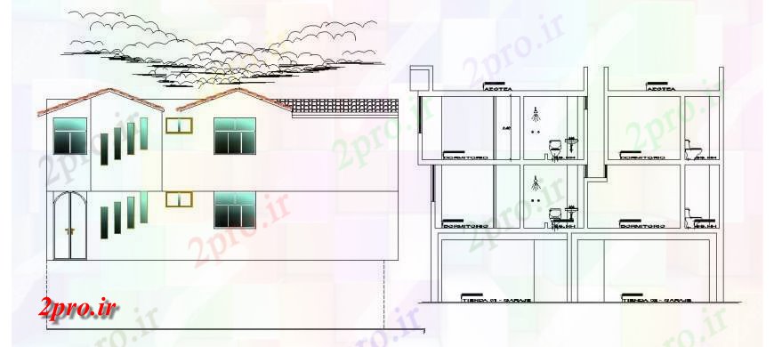 دانلود نقشه مسکونی ، ویلایی ، آپارتمان بخش اصلی سه خانه دان و نما طراحی جزئیات 10 در 13 متر (کد114070)