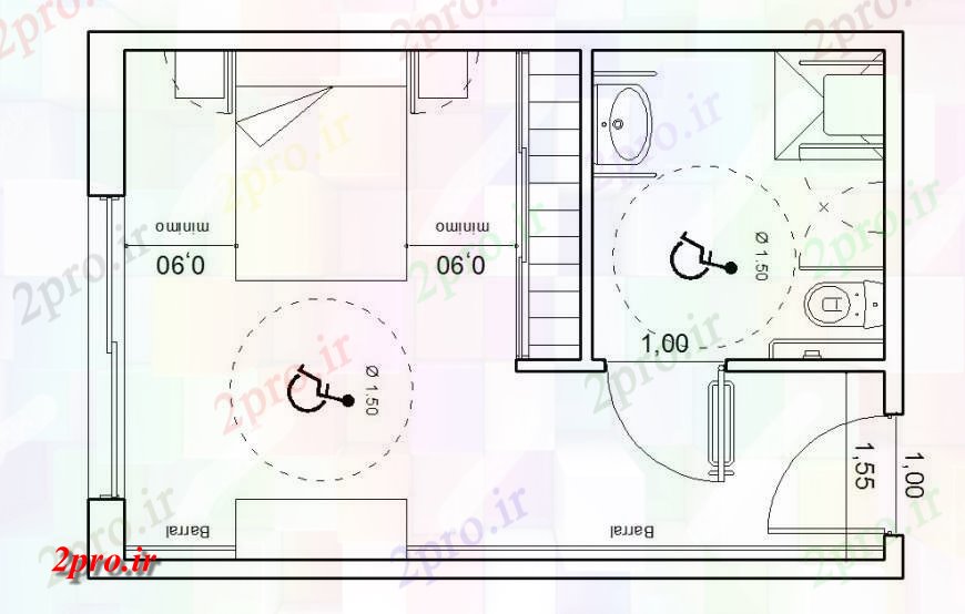 دانلود نقشه حمام مستر اتاق خواب برای طرحی معلول و نصب و راه اندازی  جزئیات طراحی  بهداشتی (کد114104)