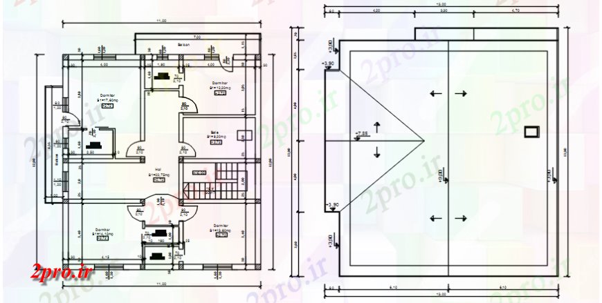 دانلود نقشه مسکونی ، ویلایی ، آپارتمان طرحی طبقه با طرحی سقف خانه 11 در 12 متر (کد114259)