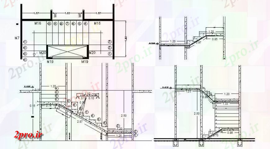 دانلود نقشه جزئیات پله و راه پله طرحی ها و طراحی های نما جزئیات از ساخت و ساز راه پله اتوکد 2 در 5 متر (کد114262)