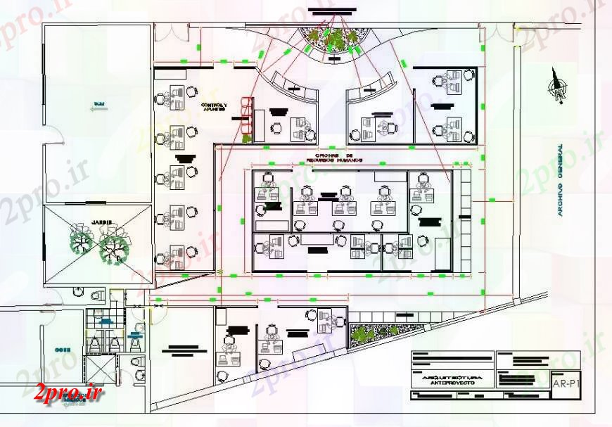 دانلود نقشه ساختمان دولتی ، سازمانی معماری از یک دفتر 19 در 21 متر (کد114283)