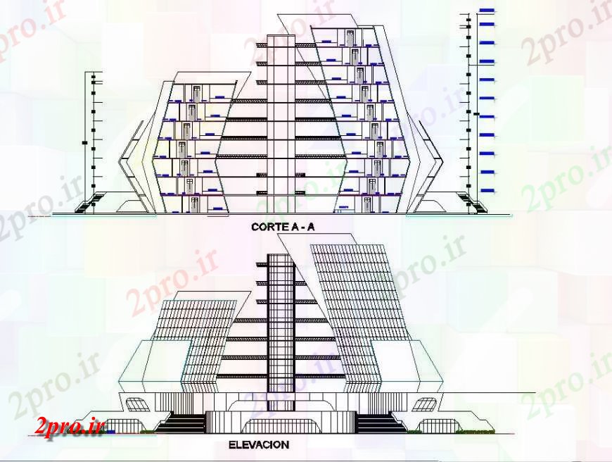 دانلود نقشه ساختمان مرتفعجزئیات بخشی از یک مدل طراحی ساختمان مدرن 38 در 60 متر (کد114286)