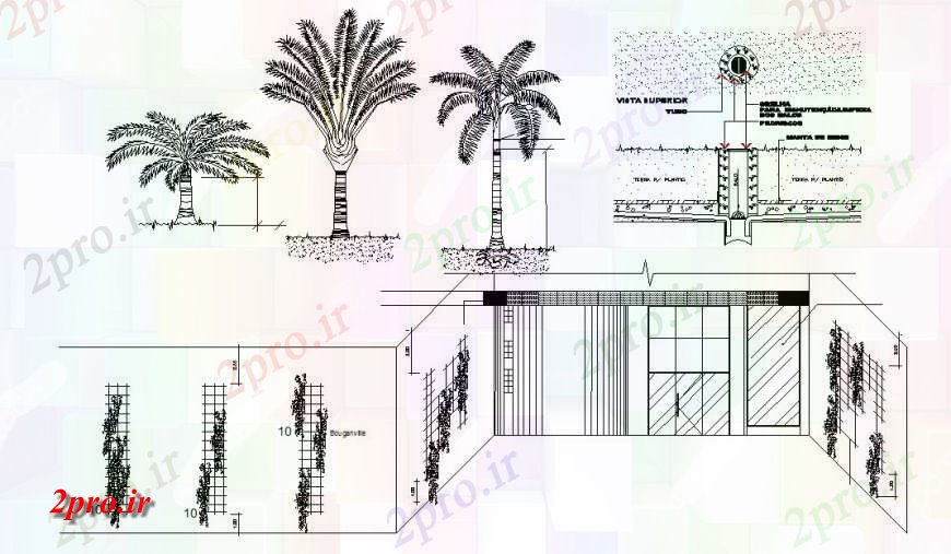 دانلود نقشه طراحی جزئیات ساختار بخش دیوار مرکب و جزئیات ساختار سازنده با کاشت درخت 82 در 90 متر (کد114395)