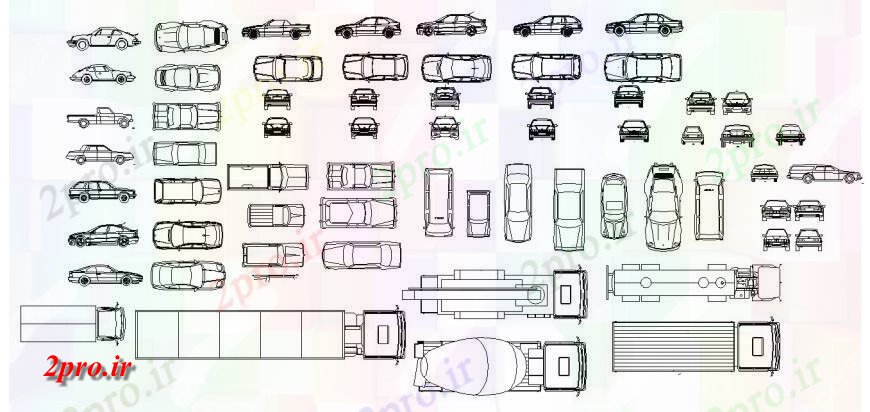 دانلود نقشه بلوک وسایل نقلیه اتومبیل دیگر و بلوک نما کامیون  (کد114457)