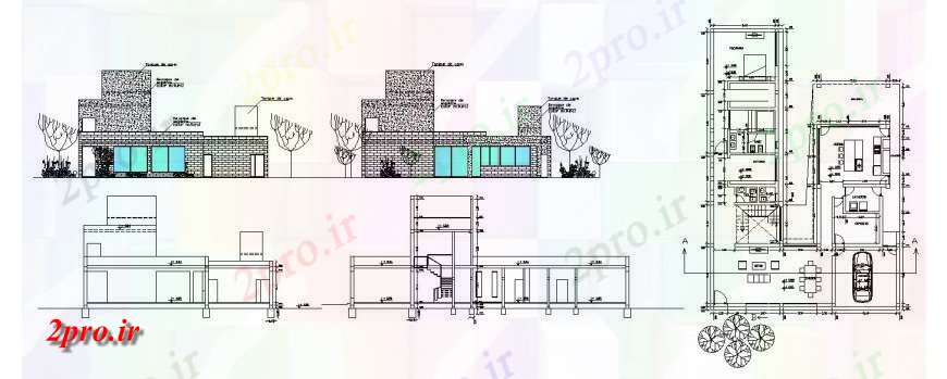 دانلود نقشه مسکونی ، ویلایی ، آپارتمان زیبا نما خانه های مسکونی، بخش و طرحی طبقه طراحی جزئیات 17 در 25 متر (کد114491)