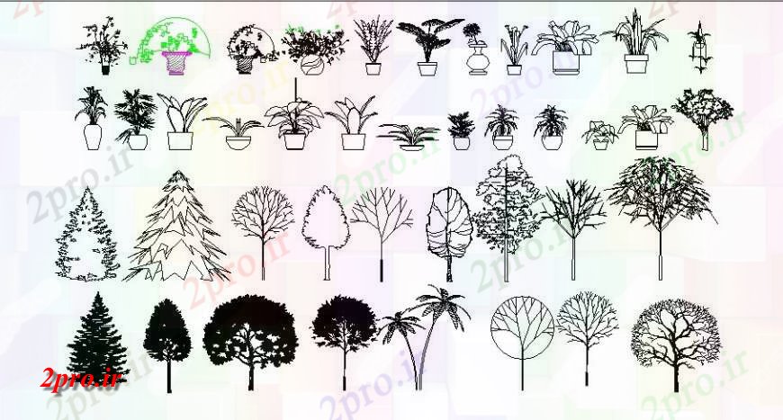 دانلود نقشه درختان و گیاهان نهال زیبا با گلدان و بلوک های درخت  (کد114521)