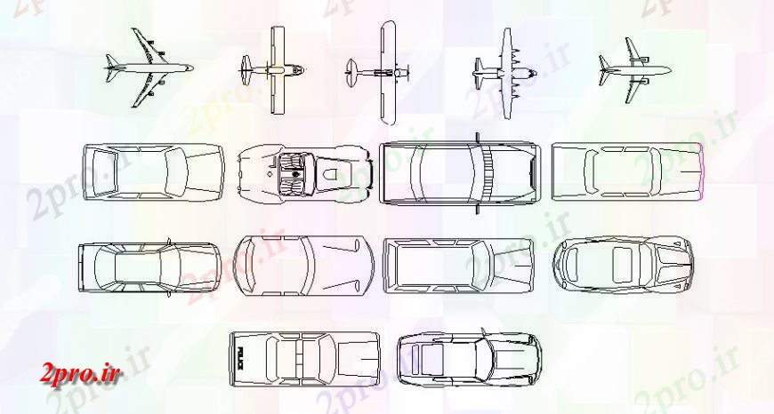 دانلود نقشه بلوک وسایل نقلیه اتومبیل های متعدد و هواپیما دو بعدی  بالای صفحه  بلوک نما  (کد114522)