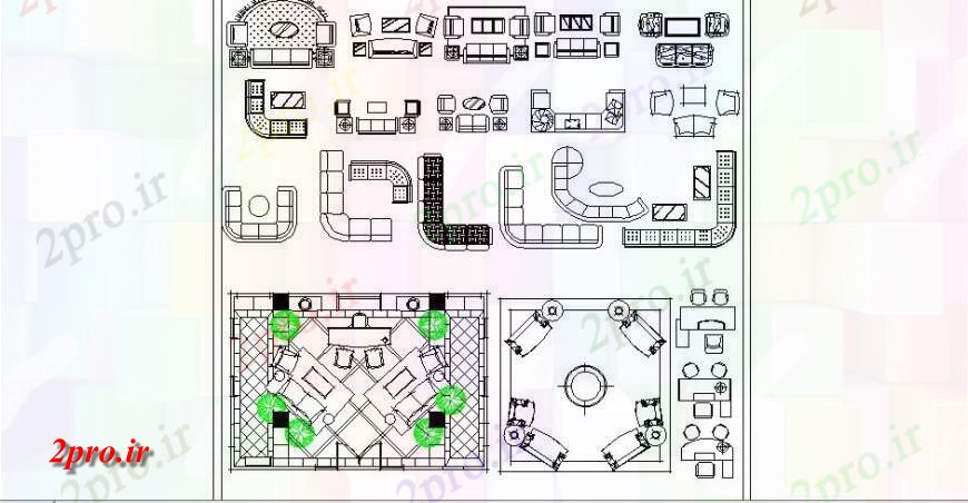 دانلود نقشه طراحی و مبلمان اتاقمجموعه مبل های متعدد و بلوک های مبلمان اتاق نشیمن دو بعدی  خودکار  وسایل (کد114524)