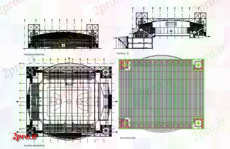 دانلود نقشه ورزشگاه ، سالن ورزش ، باشگاه مرکز ورزشی مدل ارتقاء 45 در 48 متر (کد114583)