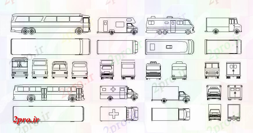 دانلود نقشه بلوک های حمل و نقل اتوبوس های متعدد، آمبولانس و بلوک های وسیله نقلیه  سنگین جزئیات (کد114755)