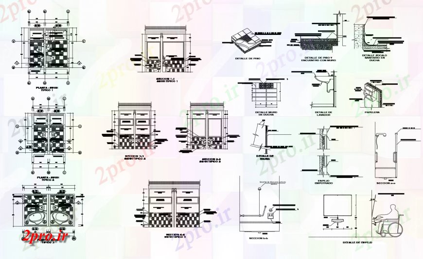 دانلود نقشه حمام مستر خانه توالت با بخش وان حمام، طرحی و جزئیات نصب و راه اندازی 7 در 7 متر (کد114833)