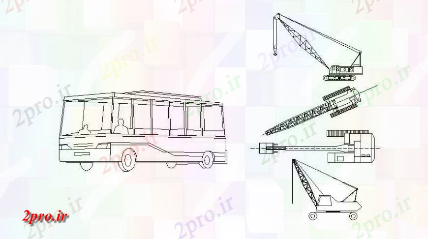 دانلود نقشه بلوک وسایل نقلیه اتوبوس و چندین بلوک نما جرثقیل  (کد114836)