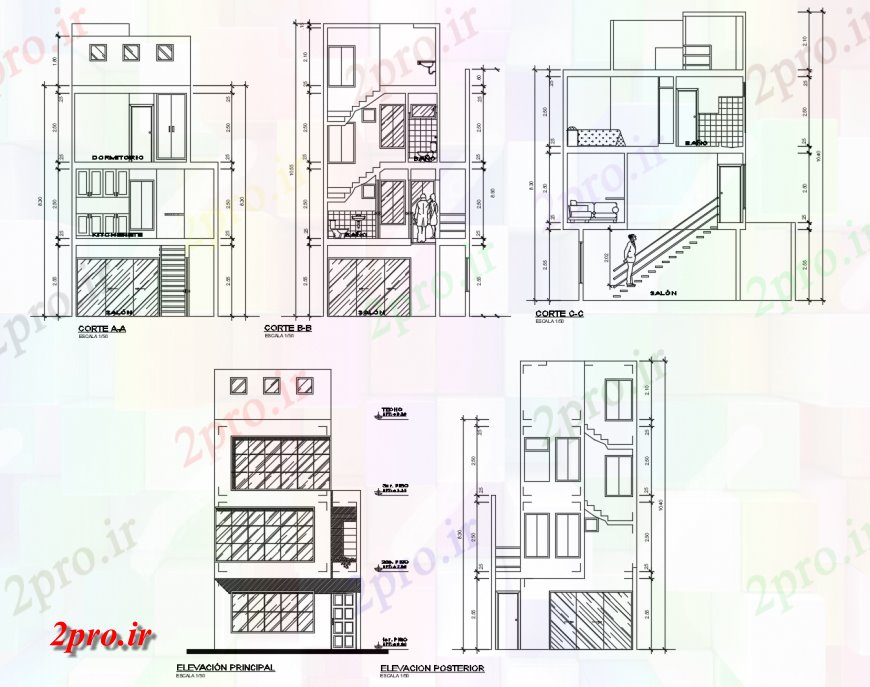 دانلود نقشه مسکونی ، ویلایی ، آپارتمان خانه مسکونی سه سطح نما و بخش طراحی جزئیات 4 در 6 متر (کد114842)