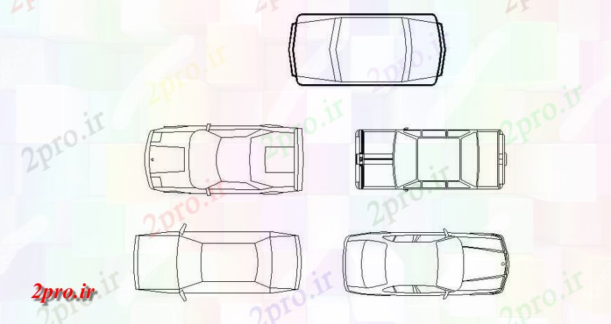 دانلود نقشه بلوک وسایل نقلیه اتومبیل های متداول بالای صفحه  نما بلوک دو بعدی   (کد114843)