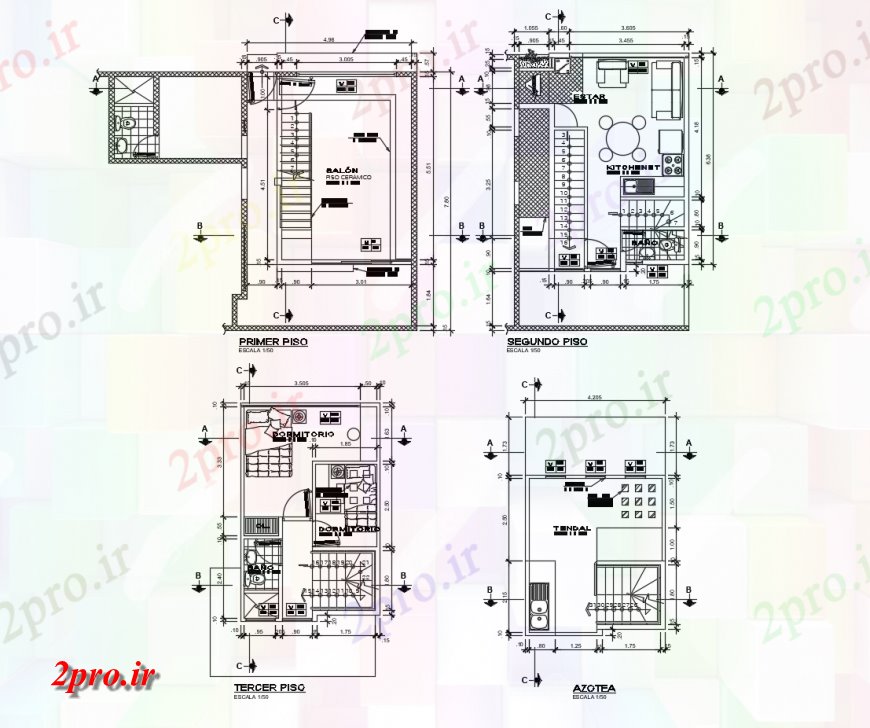 دانلود نقشه مسکونی ، ویلایی ، آپارتمان زمین، اول، دوم و طبقه تراس جزئیات طرحی خانه های مسکونی 4 در 6 متر (کد114844)