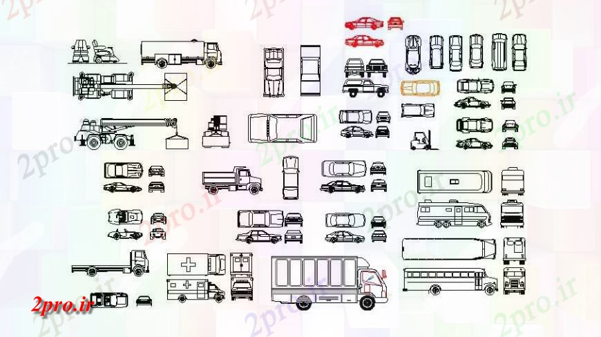 دانلود نقشه بلوک وسایل نقلیه اتومبیل های متعدد، کامیون ها و بلوک های نما خودرو  (کد114904)