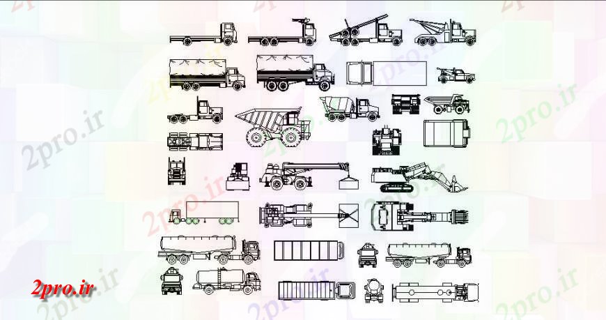 دانلود نقشه بلوک های حمل و نقل کامیون های متعدد و وسایل نقلیه  حمل و نقل  (کد114914)