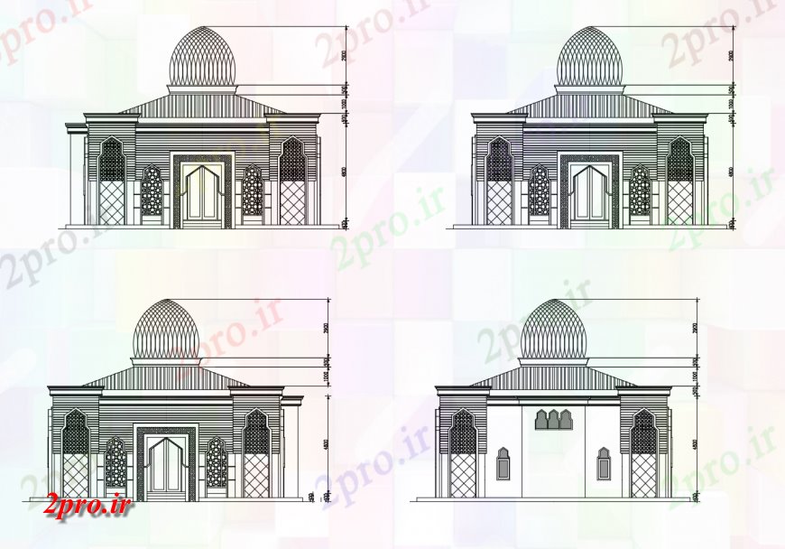 دانلود نقشه کلیسا - معبد - مکان مذهبی مسجد مذهبی  در  نما طرفه طراحی جزئیات  (کد114925)