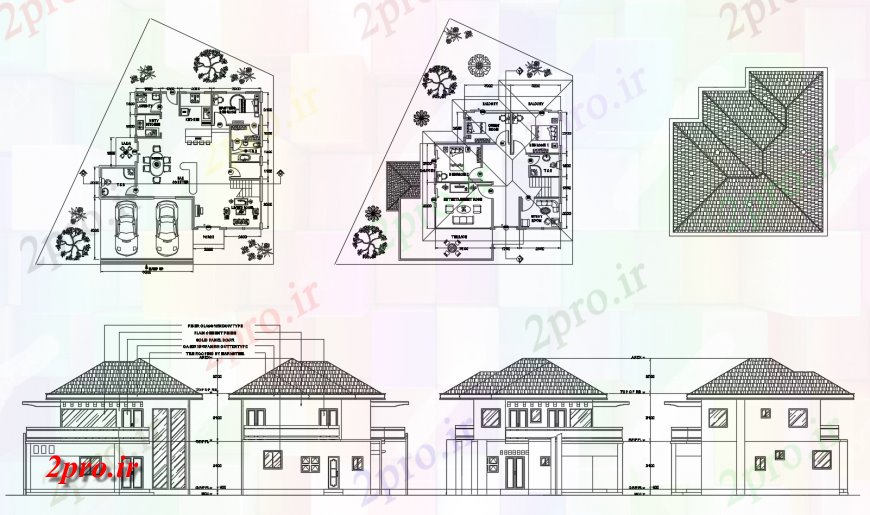 دانلود نقشه مسکونی ، ویلایی ، آپارتمان خانه دوقلو نماات عمده و کف طرحی های 8 در 8 متر (کد114931)