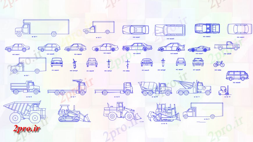 دانلود نقشه بلوک وسایل نقلیه اتومبیل های مشترک و بلوک نما کامیون  (کد114938)