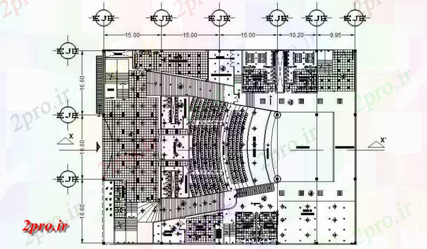 دانلود نقشه تئاتر چند منظوره - سینما - سالن کنفرانس - سالن همایشسالن برنامه کاری ساختمان 50 در 66 متر (کد114943)