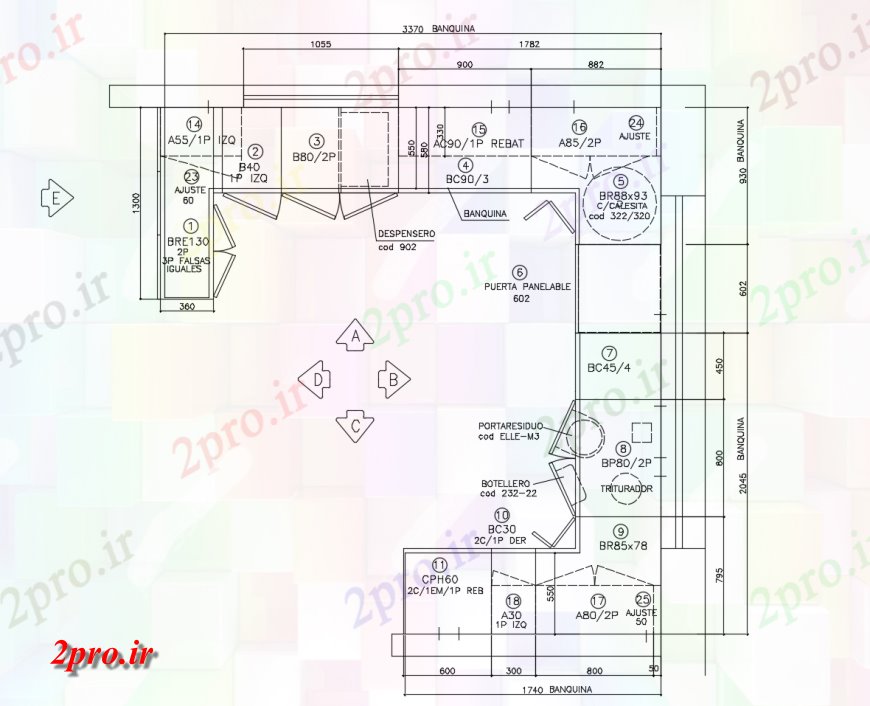 دانلود نقشه آشپزخانه آشپزخانه طراحی بالای صفحه  با ابعاد  (کد114948)