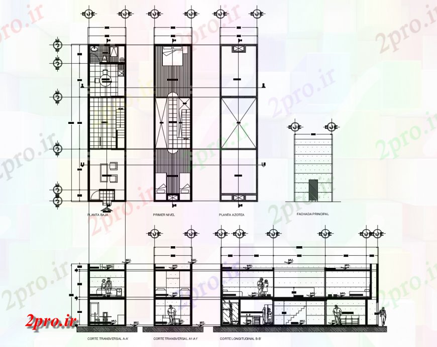 دانلود نقشه مسکونی ، ویلایی ، آپارتمان خانه بخش دو سطح و کف طرحی های 3 در 14 متر (کد114952)