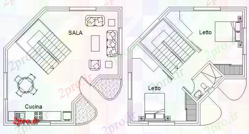 دانلود نقشه مسکونی ، ویلایی ، آپارتمان دو خانه BHK دو بعدی 9 در 9 متر (کد115133)