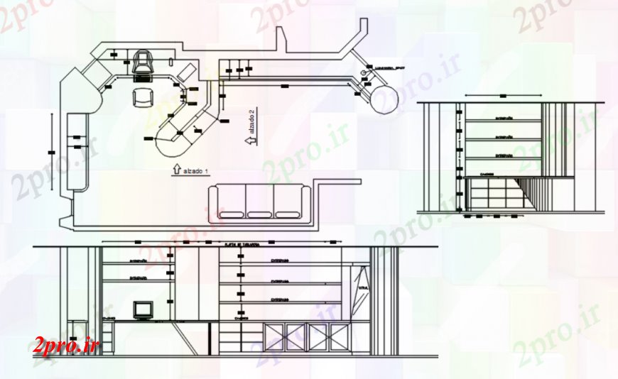 دانلود نقشه جزئیات و طراحی داخلی دفتر از تجهیزات حرفه ای از دفتر 4 در 7 متر (کد115156)
