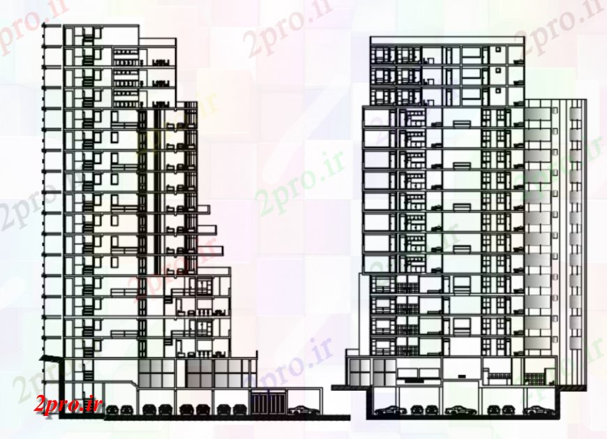 دانلود نقشه ساختمان مرتفع های اتوکد با چگالی بالا مسکن برج دو بعدی جزئیات 27 در 38 متر (کد115183)