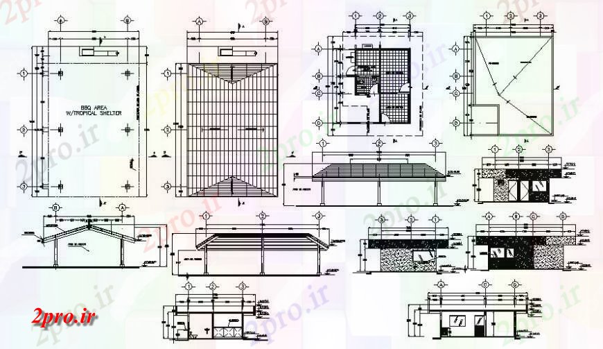 دانلود نقشه جزئیات ساخت و ساز سقف سایه بان طرحی و نما جزئیات  (کد115429)