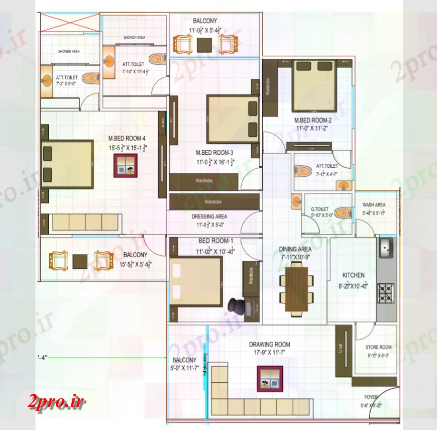 دانلود نقشه مسکونی  ، ویلایی ، آپارتمان   پی دی اف از طرحی طبقه اقامت 4bhk (کد115495)