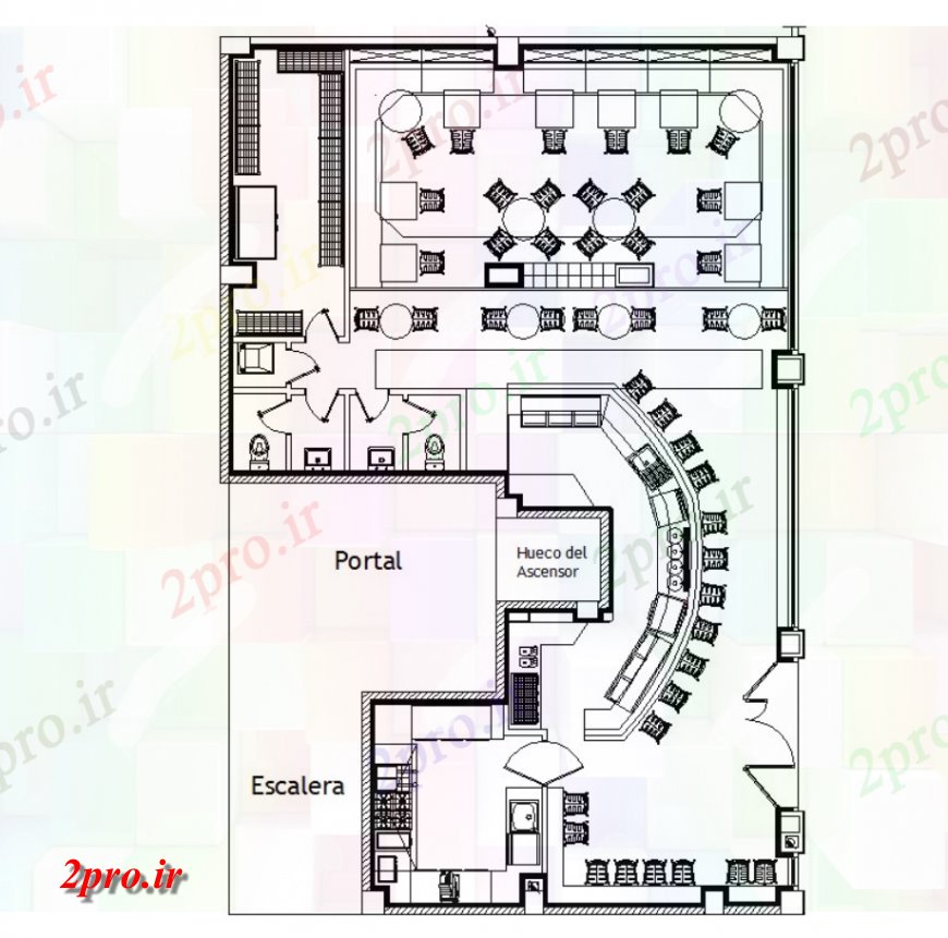 دانلود نقشه هتل - رستوران - اقامتگاه از جزئیات نوار رستوران 11 در 17 متر (کد115505)