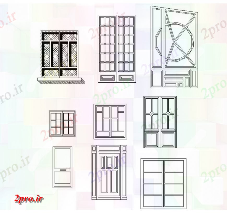 دانلود نقشه جزئیات طراحی در و پنجره از پنجره های قدرت دو بعدی 10 در 22 متر (کد115524)