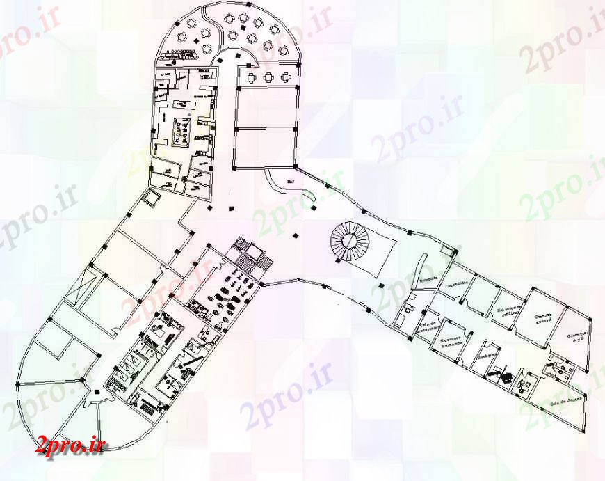 دانلود نقشه هتل - رستوران - اقامتگاه از دو بعدی هتل جزئیات 35 در 37 متر (کد115543)