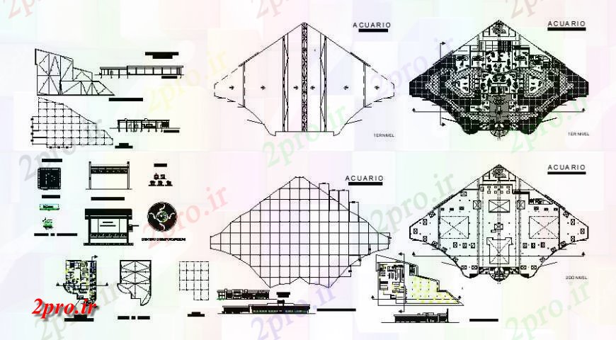 دانلود نقشه برنامه ریزی شهری اکواریوم طرحی و جزئیات 64 در 88 متر (کد115549)