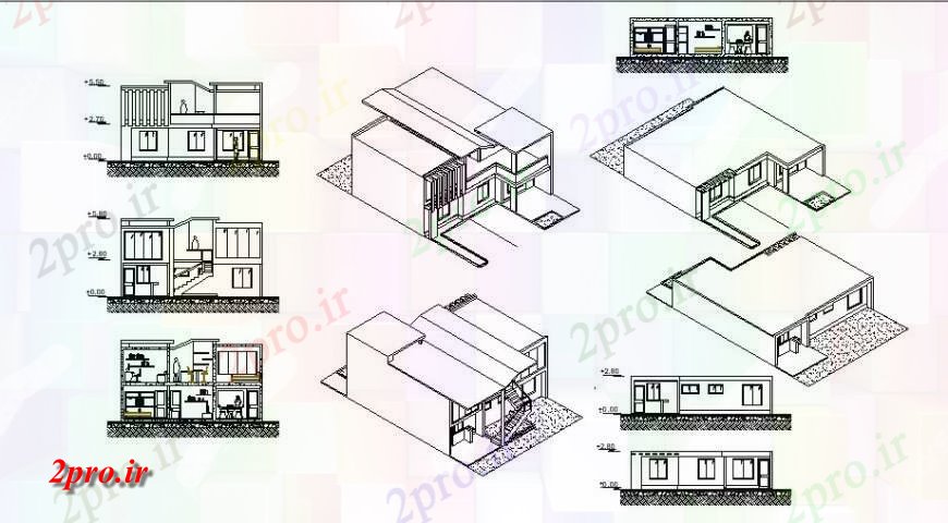 دانلود نقشه مسکونی ، ویلایی ، آپارتمان نما خانه با نمای ایزومتریک 8 در 11 متر (کد115601)