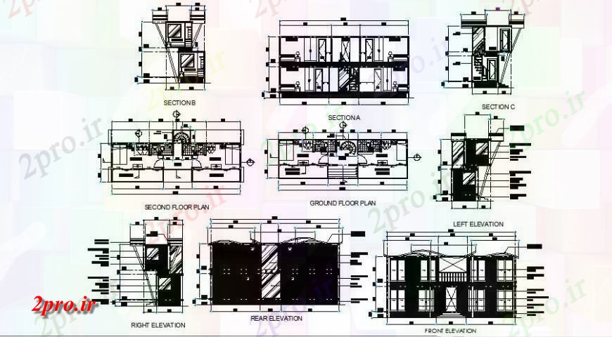 دانلود نقشه مسکونی ، ویلایی ، آپارتمان دو دان خانه های ویلایی طرحی طبقه و نما سمت های مختلف 4 در 12 متر (کد115645)