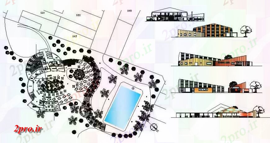 دانلود نقشه هتل - رستوران - اقامتگاه رستوران با طرحی طبقه پارک و نما 20 در 40 متر (کد115647)