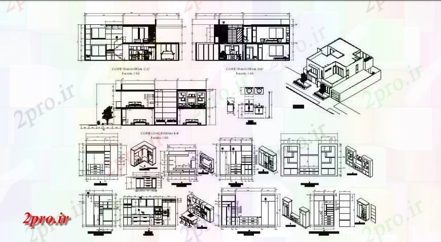 دانلود نقشه اتاق نشیمن ، حال ، پذیرایی داخل خانه با منظره بخش، نما و ایزومتریک 13 در 14 متر (کد115698)