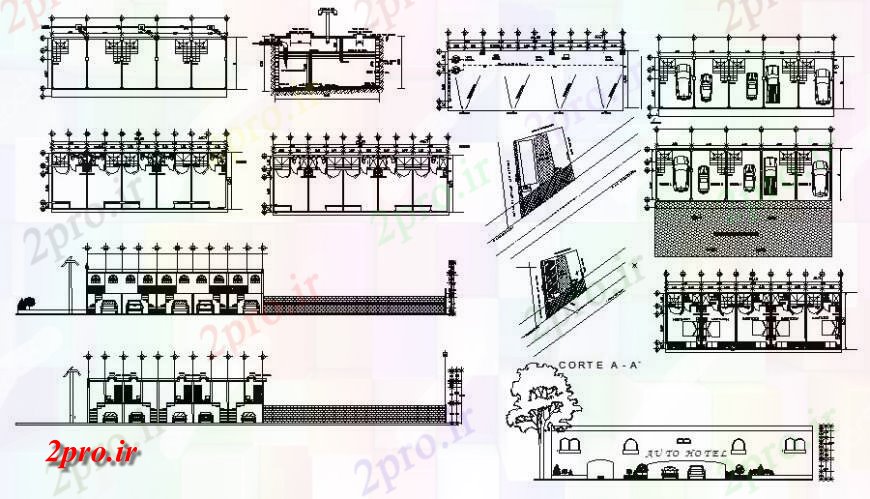 دانلود نقشه هتل - رستوران - اقامتگاه نما ساختمان هتل و طراحی مقطعی 7 در 20 متر (کد115771)