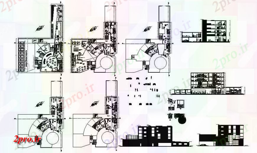 دانلود نقشه هایپر مارکت - مرکز خرید - فروشگاه طرحی نمای و طراحی مقطعی ساختمان واحد دو بعدی 32 در 49 متر (کد115855)