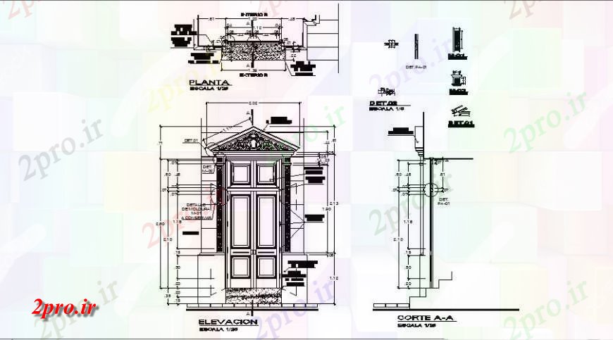 دانلود نقشه جزئیات طراحی در و پنجره  طرح، نما و  بخش از درب با دیوار  (کد115868)