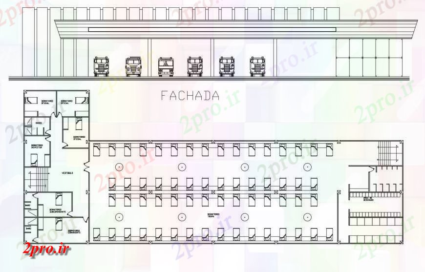 دانلود نقشه ساختمان دولتی ، سازمانی از دو بعدی ایستگاه آتش نشانی جزئیات 24 در 60 متر (کد115913)
